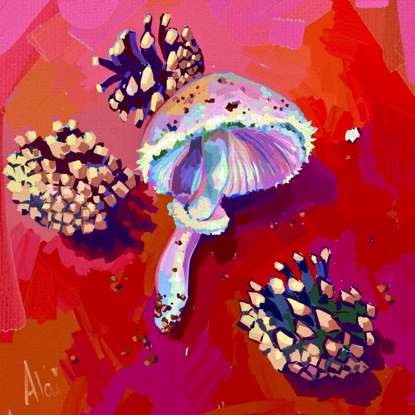 Vibrant digital painting titled Forest Treasures by Alai Ganuza featuring a detailed mushroom with lavender and pink gills surrounded by three textured pinecones. The scene is rendered in a blocky, oil-impasto digital style against an intense bright red and magenta background, featuring a white studio signature in the lower corner.