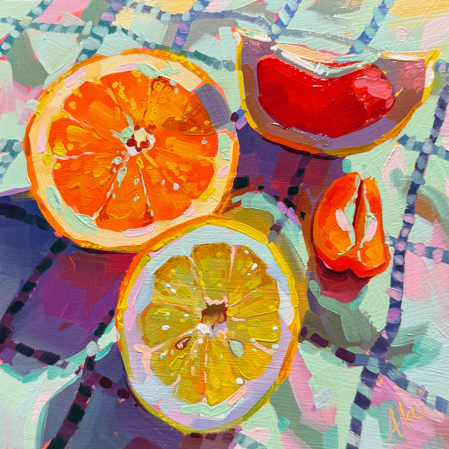 A square 15x15 cm original oil painting featuring four citrus elements: a bright orange wheel in the top left, a yellow lemon wheel at the bottom center, a ruby red grapefruit slice in the top right, and a small orange tangerine segment. They rest on a patterned background of mint green, soft pink, and lavender tiles with dark teal-blue grid lines. The painting is built with thick, raised ridges of paint that give the rinds a sculptural 3D effect.