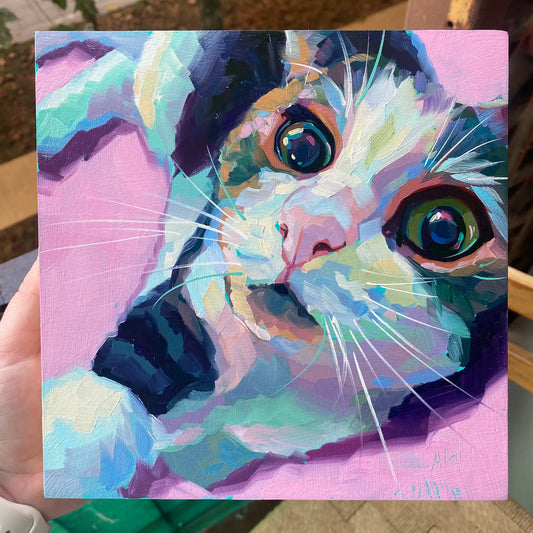 An original 8x8 oil painting of a cat named Fredward looking at the camera from a sideways, upside-down position. Features massive expressive eyes and a textured light pink and lavender background.