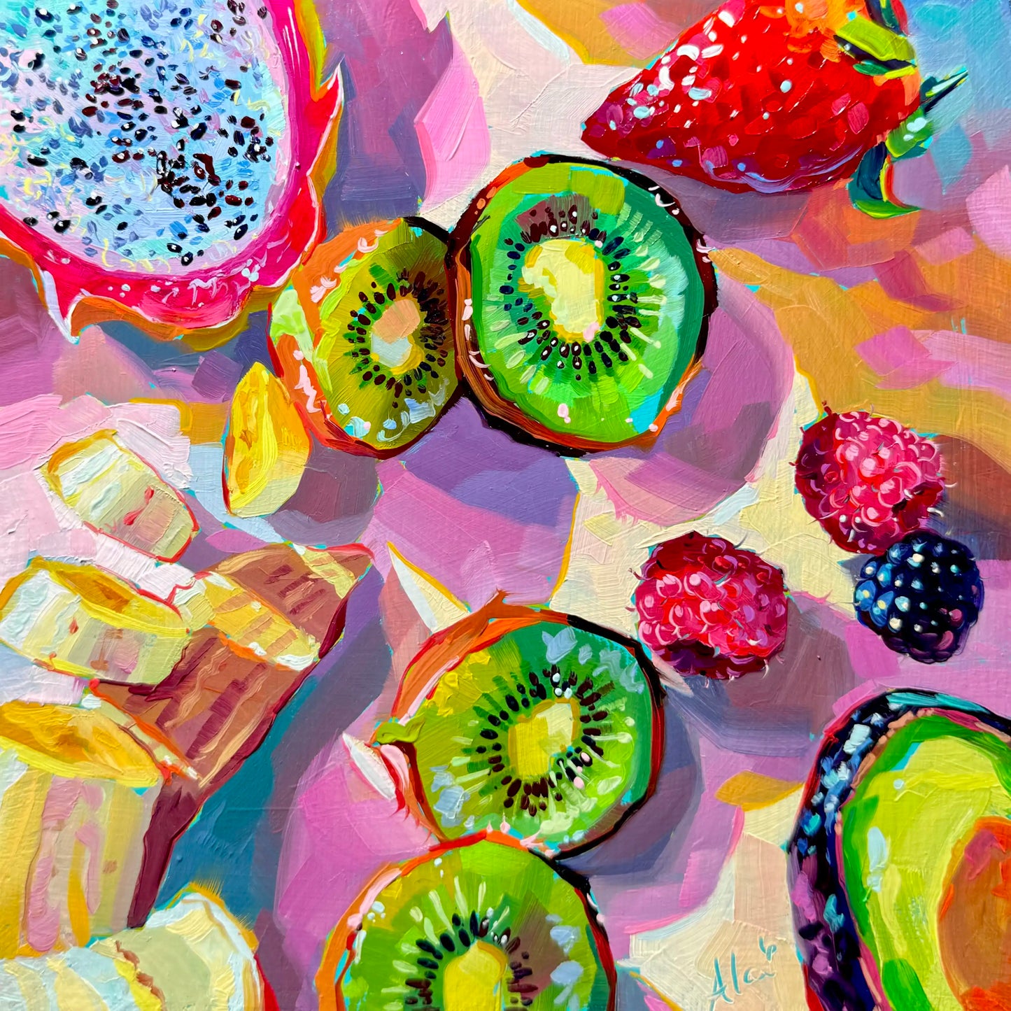 Original oil painting by Alai Ganuza titled "Fruits". A vibrant flat-lay arrangement of dragon fruit, kiwi slices, strawberries, raspberries, blackberries, and banana slices painted with thick impasto texture on a colorful pastel background.