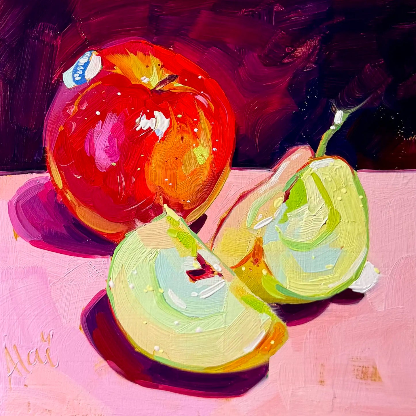 Original oil painting by Alai Ganuza titled "Glowing Apples". Still life of red apples, one of them is sliced in quarters, illuminated by intense, glowing light on cradled wood canvas.