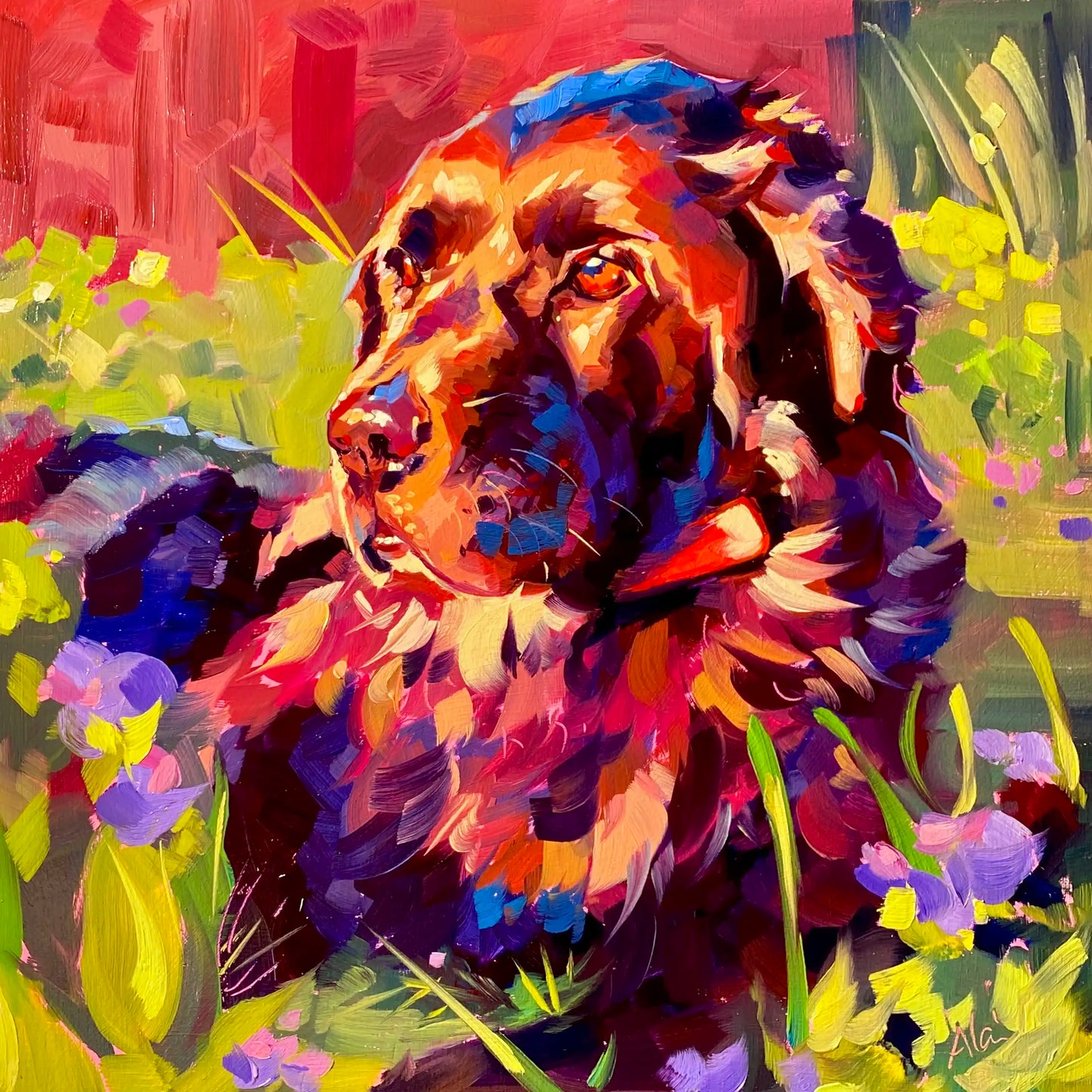 An original 12x12 oil painting of a black dog basking in intense golden hour sunlight. Features vivid orange and yellow highlights, deep violet fur shadows, a red background, and purple flowers at the bottom.
