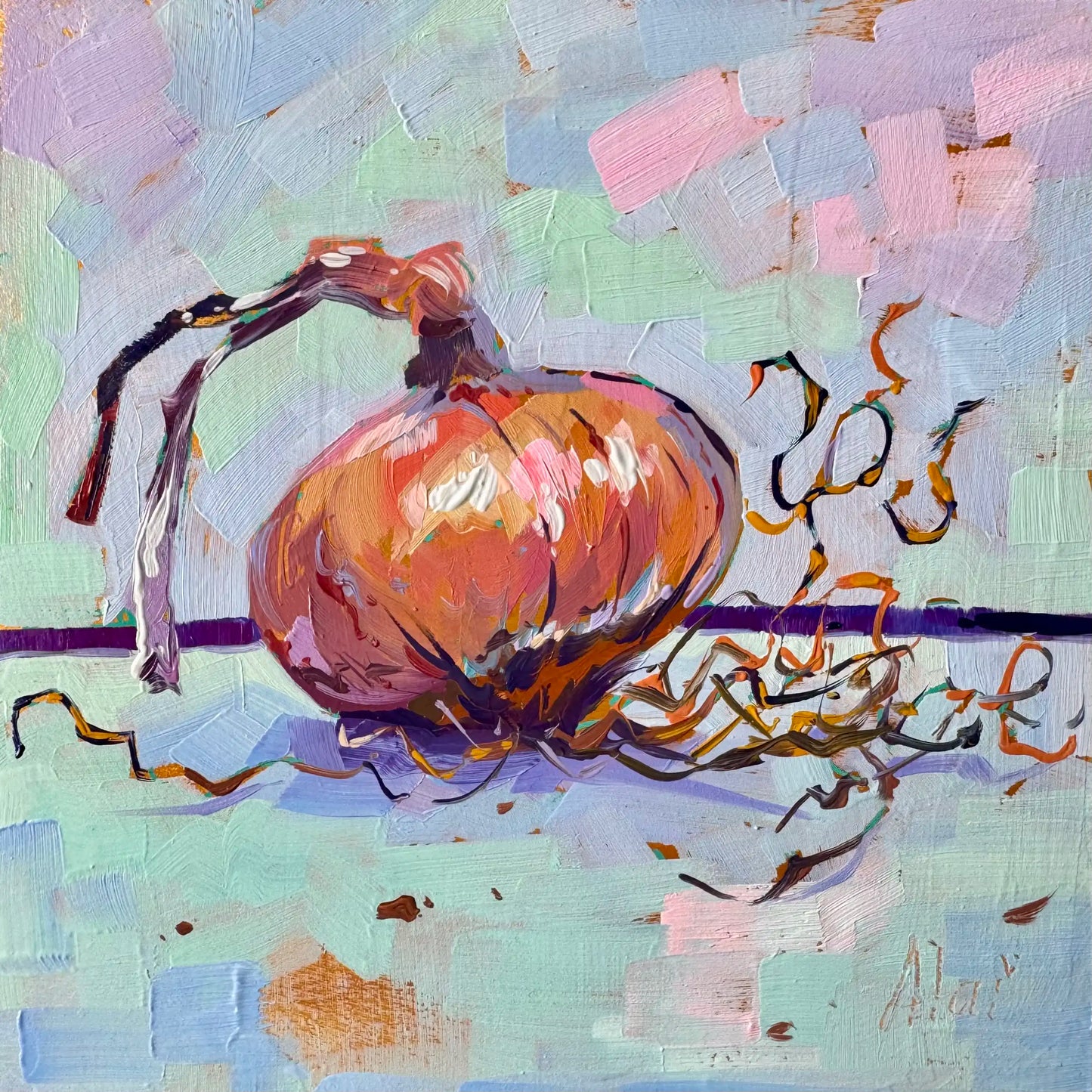 Original oil painting by Alai Ganuza featuring an onion on a vibrant background. Golden kitchen still life on wood canvas.