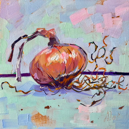 Original oil painting by Alai Ganuza featuring an onion on a vibrant background. Golden kitchen still life on wood canvas.
