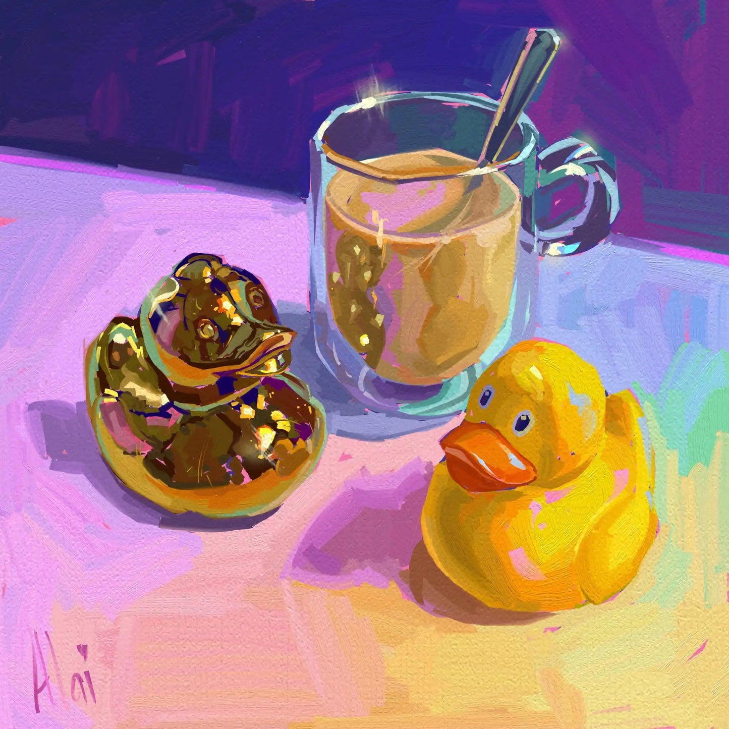 Vibrant digital still life painting titled Golden Reflections by Alai Ganuza. A clear glass mug of coffee stands on a lavender surface flanked by a classic yellow rubber duck and a metallic golden duck figurine. The scene features blocky, oil-impasto style digital brushstrokes with rich magenta highlights and a deep purple background, signed Alai in the bottom corner.