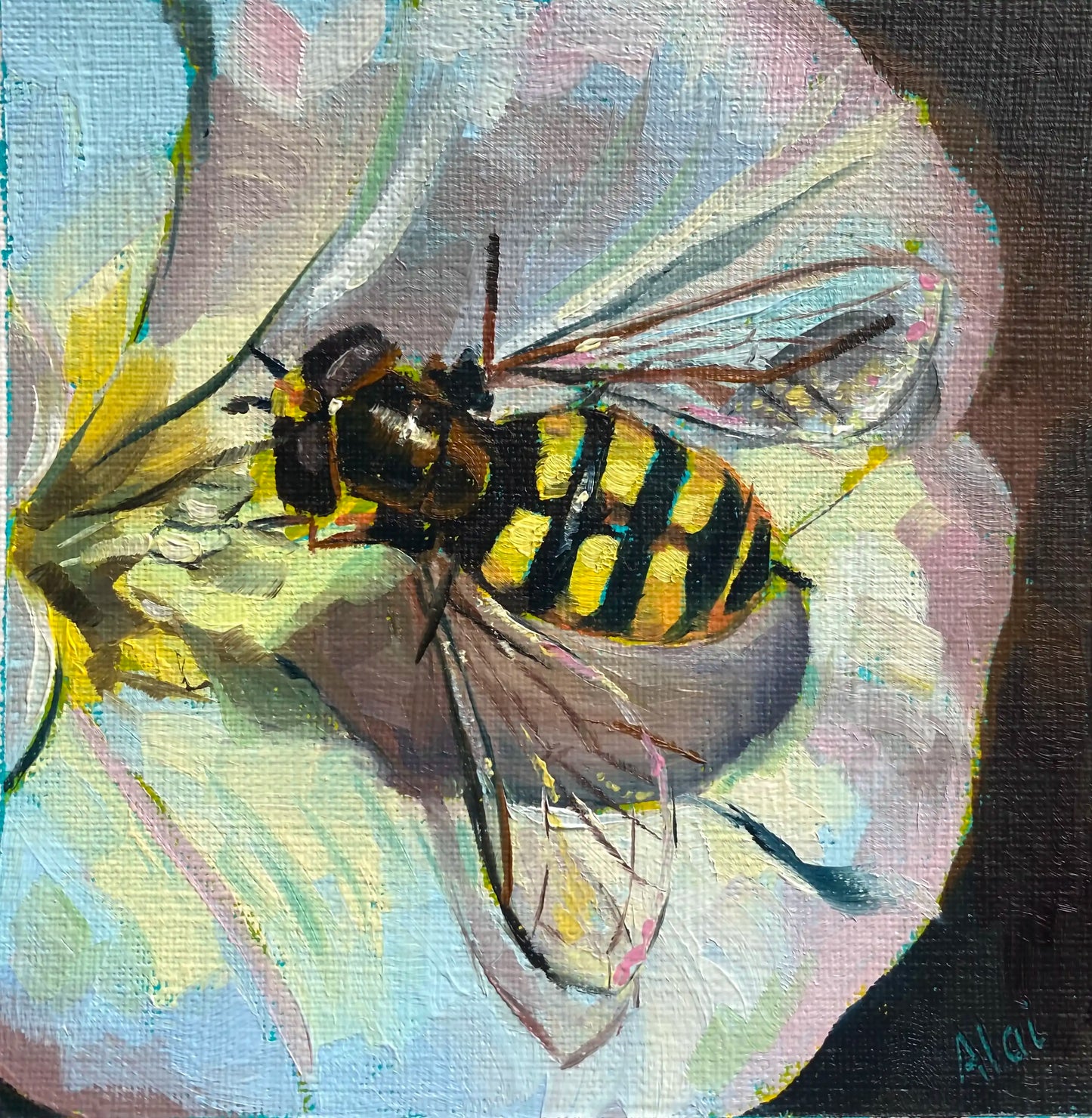 An original oil painting titled Golden Stripe by Alai Ganuza. The macro study depicts a detailed bee with bold black and yellow stripes resting on a light-colored flower petal. The painting features thick, blocky impasto oil brushstrokes on a textured canvas surface, with an iridescent wing and a dark background, signed Alai in the bottom corner.