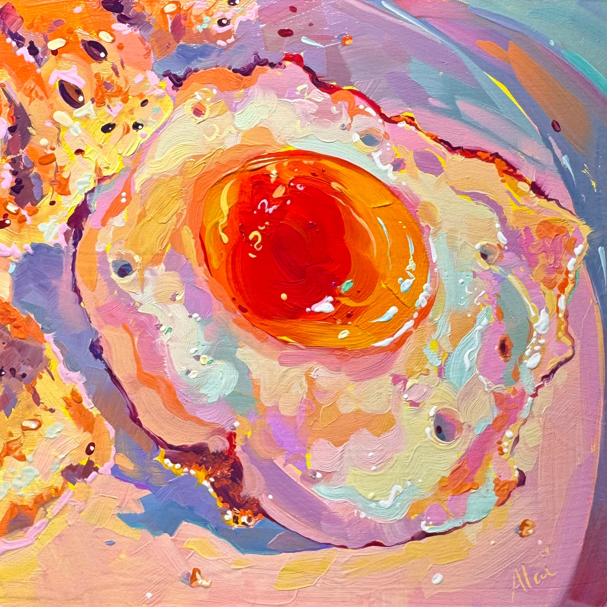 Original 15x15 cm oil painting by Alai Ganuza titled "Golden Egg." A fried egg with a glowing, molten orange yolk and thick impasto brushstrokes in shades of gold, pink, and lavender on a soft purple background.