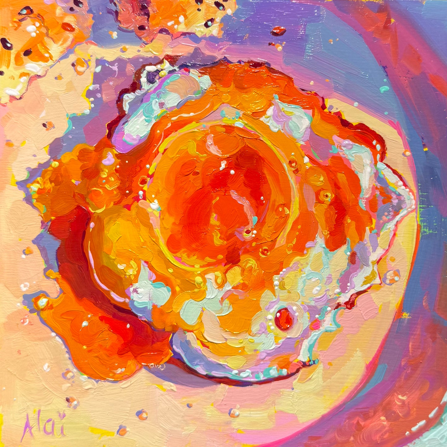 Original 15x15 cm oil painting by Alai Ganuza titled "Golden Egg (Broken)." The piece depicts a broken fried egg with a molten, fiery orange and red yolk. Heavy impasto brushstrokes create a thick, sculptural texture in shades of pink, yellow, and lavender against a soft purple background.