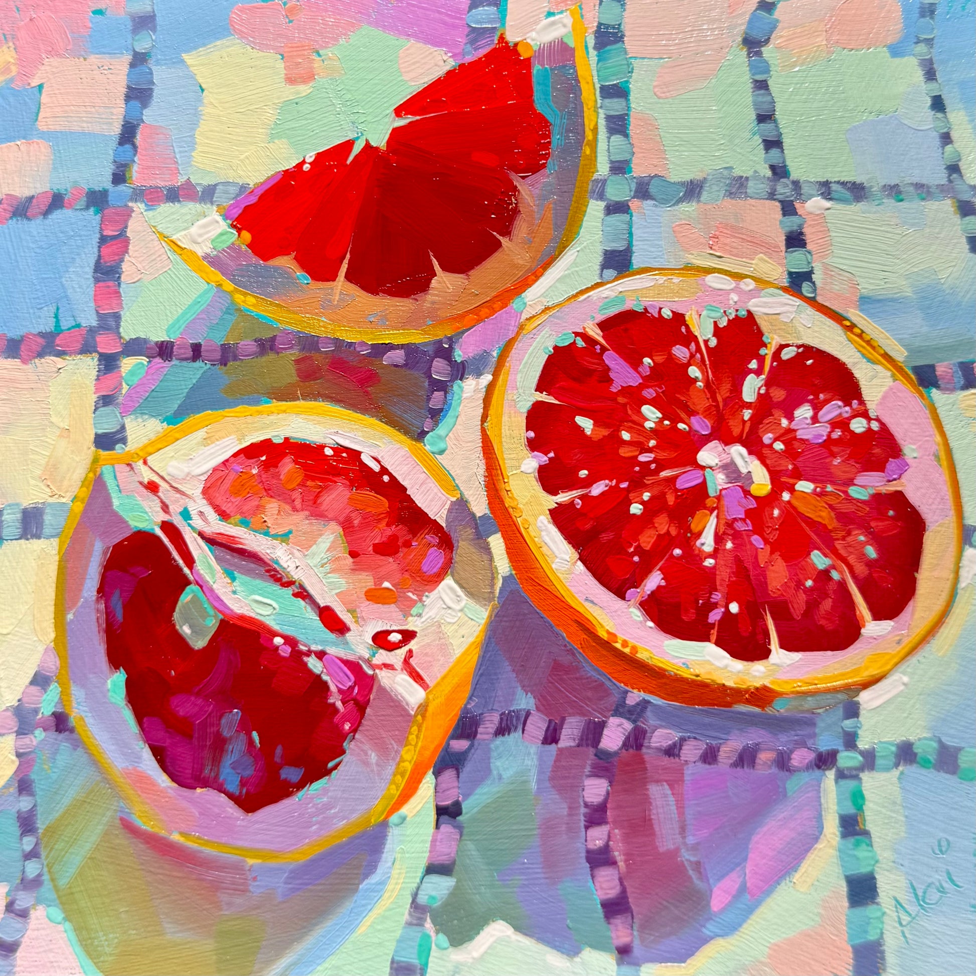 A square 15x15 cm original oil painting featuring multiple overlapping grapefruit slices, including full wheels and halves, with vibrant ruby-pink flesh and orange-yellow rinds. They rest on a textured, cool mint-green background. The painting shows visible, heavy impasto texture throughout, especially in the rinds, where thick sculptural brushwork is used. Highlights of soft orange and pink are applied to the flesh, and non-traditional deep purple and teal shadows are cast to the right.