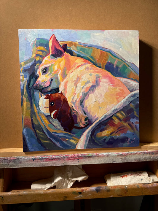 A high-contrast prismatic oil painting of Gus the dog, featuring his signature smirk, thick impasto brushstrokes in vibrant blues and purples, and buttery textures on a 12x12 wood panel.