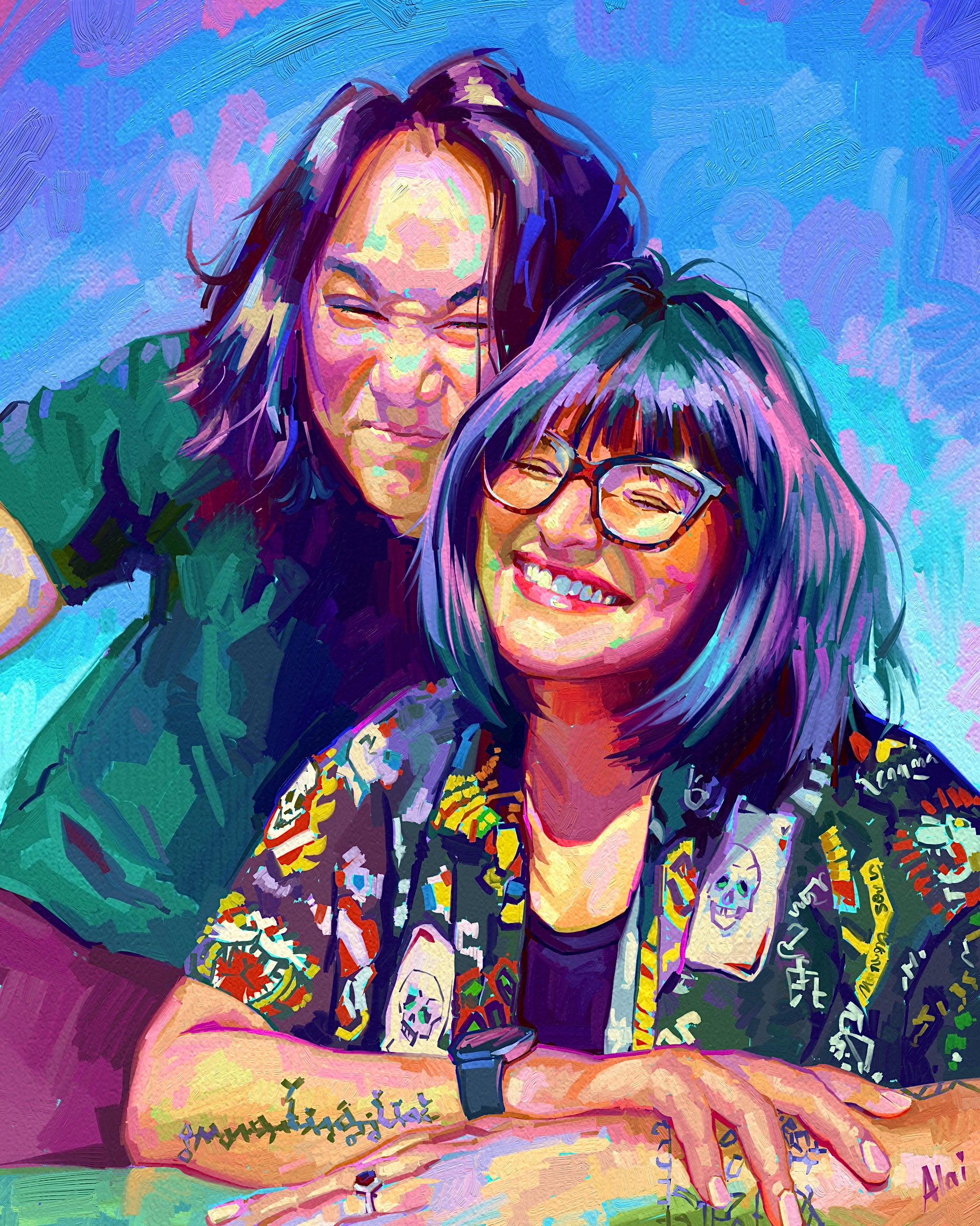 A vibrant digital oil-style painting of a smiling couple. The woman has glasses and dark hair, and the man has dark curly hair and a patterned shirt. Painted with bright blue, purple, and pink tones.