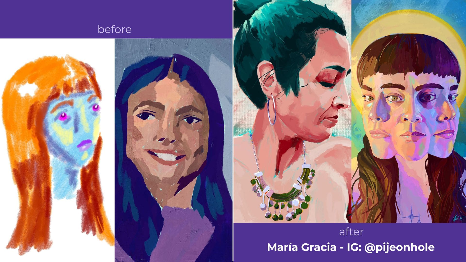 images of the before and after of maria gracia, in the left, digital painting with bold brushtrokes but without 3d, in the right, a  big change of the technique and result.