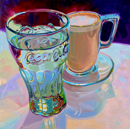 Original oil painting by Alai Ganuza titled "Glass of Coca Cola and coffee". An embossed Coca-Cola glass filled with ice and clear sparkling liquid sitting next to a glass mug of milky coffee, rendered in vibrant blues, teals, and purples on a square wood panel.