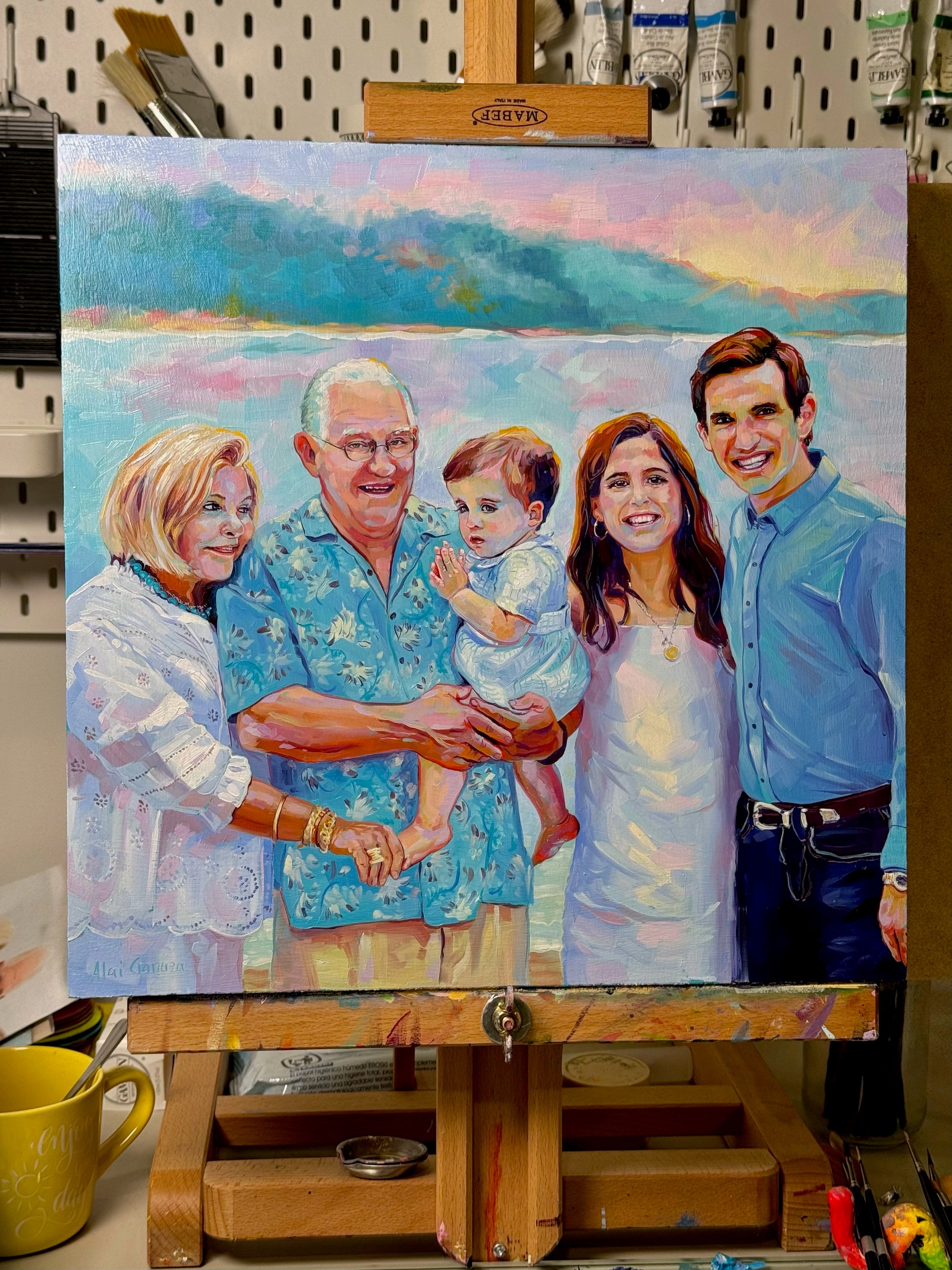 A high-contrast custom oil painting of the Horne family on a 16x16 wood panel, featuring multiple portraits with vibrant highlights and thick impasto texture.