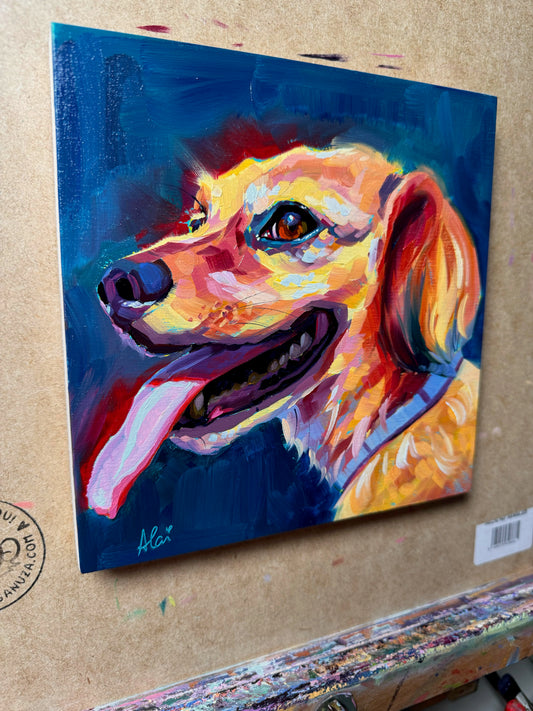 A vibrant, high-contrast custom oil painting of Sophie, a senior dog, featuring thick impasto texture, spectral fur highlights, and a cute tongue-out expression on an 8x8 wood panel.