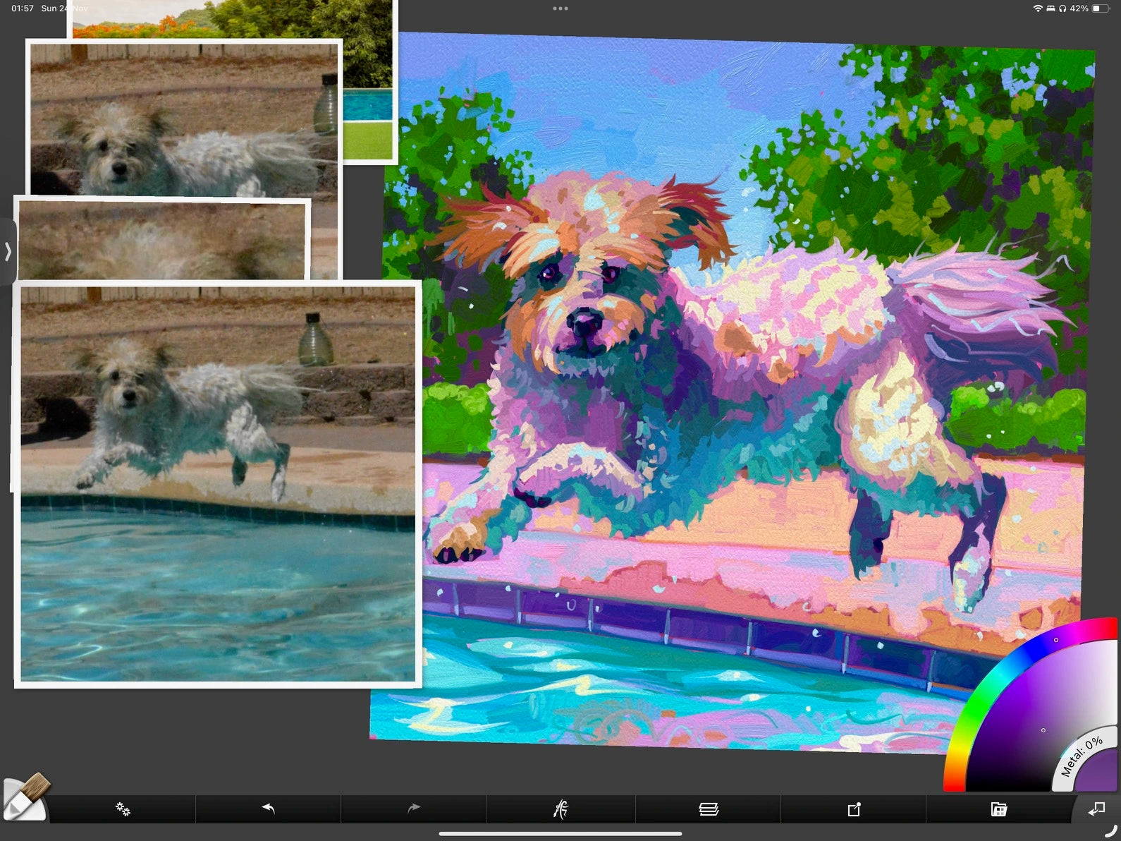 A vibrant digital oil painting of a dog named Ripper jumping into a swimming pool. It features high-contrast blue water, neon fur highlights, and a lush green background with thick impasto texture.