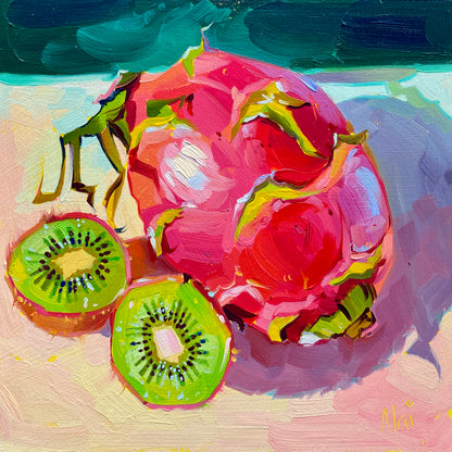 Original oil painting by Alai Ganuza titled "Dragonfruit and Kiwi". A large bright pink dragonfruit and two sliced green kiwis resting on a pastel surface against a dark teal background strip, painted on a square wood panel.