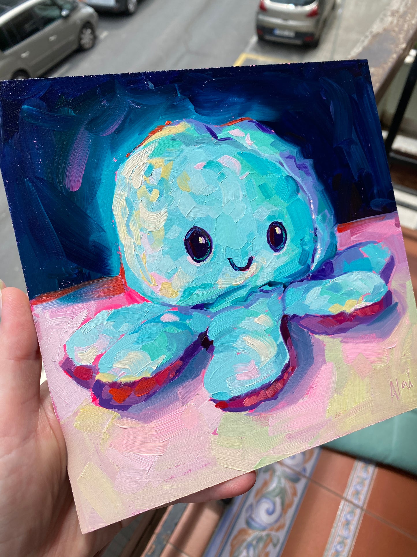 Painterly but cute - Happy octoplushie - Original Oil Painting