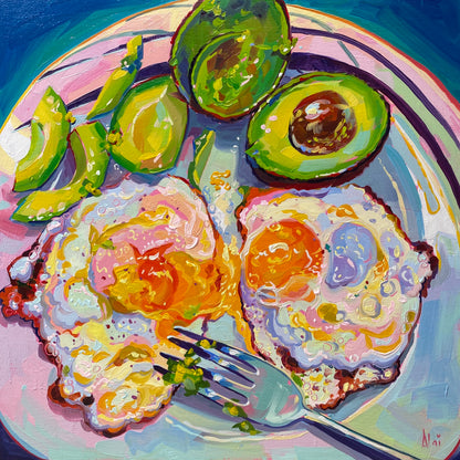 Original oil painting by Alai Ganuza titled "Avocado and Egg Plate". A top-down view of a plate containing two fried eggs and avocado halves, with a silver fork piercing one of the yolks, painted on a square wood panel.