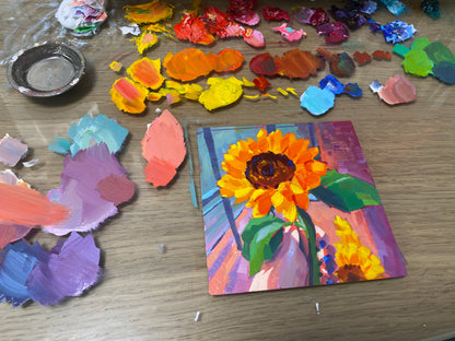 Sunflower Study - Original Mini Oil Painting - Floral Coaster Art - 4 inches