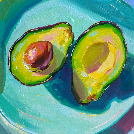 Avocados on blue plate - Original Oil Painting