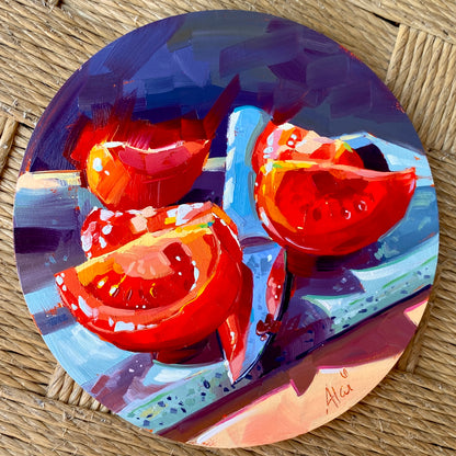 Original oil painting by Alai Ganuza titled "Tomato Slices and Knife". Juicy red tomato wedges and a silver knife blade painted on a round birch wood panel with a dark blue and purple background.
