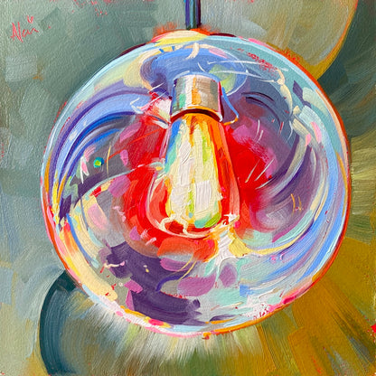 Original oil painting by Alai Ganuza titled "Bubble Lightbulb". A round glass light fixture with a glowing orange filament, surrounded by swirling reflections of blue, purple, and red on a square aluminum panel.