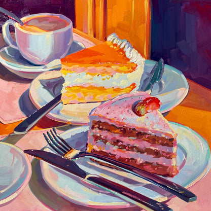 Original oil painting by Alai Ganuza titled "Cake for Two". Two slices of layered cake, one orange and one pink chocolate with a strawberry, resting on plates with silverware next to a coffee cup in warm sunlight on a square wood panel.