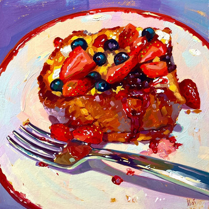 Original oil painting by Alai Ganuza titled "Berry Pie". A square slice of pie topped with fresh strawberries and blueberries on a white plate with a red rim, next to a silver fork, painted on a square wood panel.