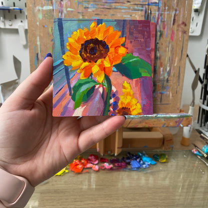 Sunflower Study - Original Mini Oil Painting - Floral Coaster Art - 4 inches