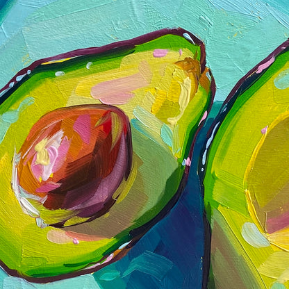 Avocados on blue plate - Original Oil Painting