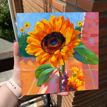 Holding a Sunflower - Original Oil Painting - Summer Floral Art - 8 inches