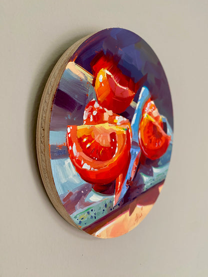 Rodajas de tomate y cuchillo - Pintura al óleo original