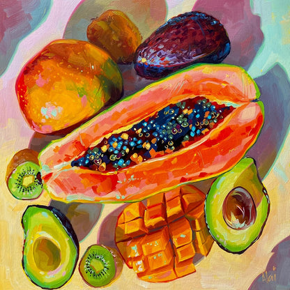 Original oil painting by Alai Ganuza titled "Tropical Mesh III". Vibrant orange tropical fruit encased in a green plastic mesh bag, creating a textured pattern, painted on a square wood panel.