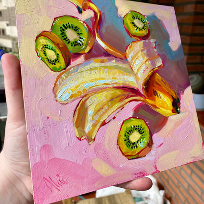 Banana and Kiwis - Original Oil Painting - Fruit Still Life - 8 inches