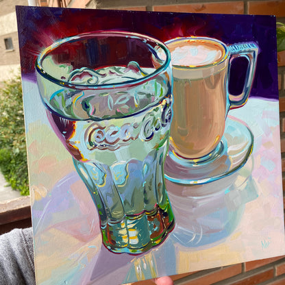 Vaso de Coca Cola y café - Cuadro al óleo original