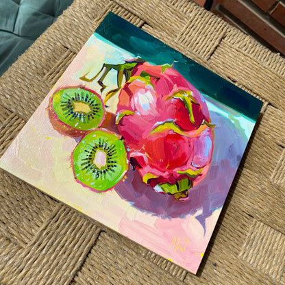 Dragonfruit y kiwi - Pintura al óleo original