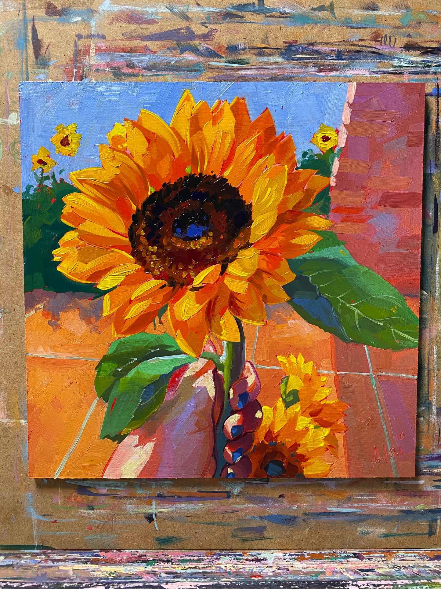 Holding a sunflower - Original Oil Painting