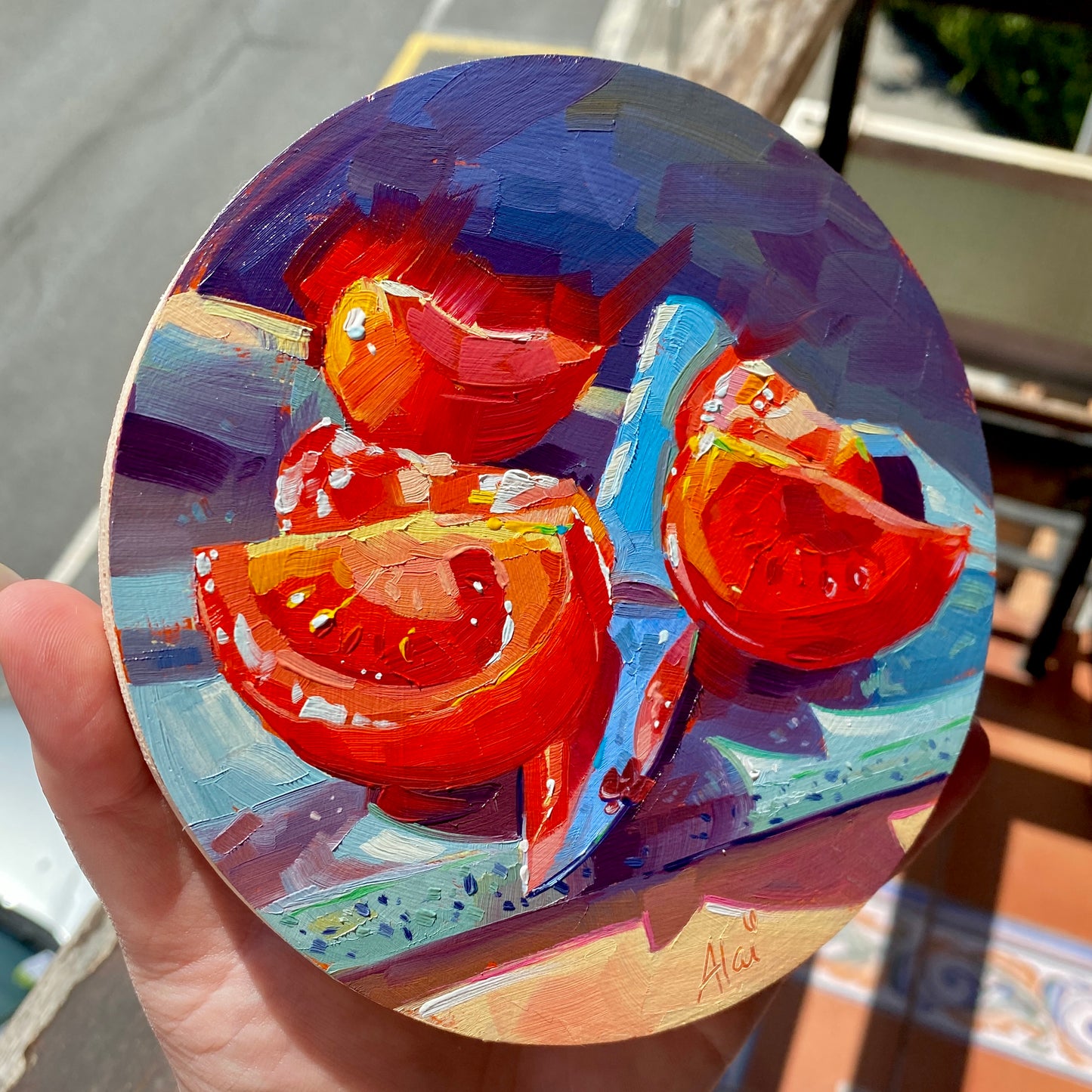 Tomato slices and knife - Original Oil Painting