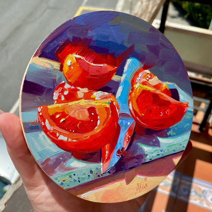 Rodajas de tomate y cuchillo - Pintura al óleo original