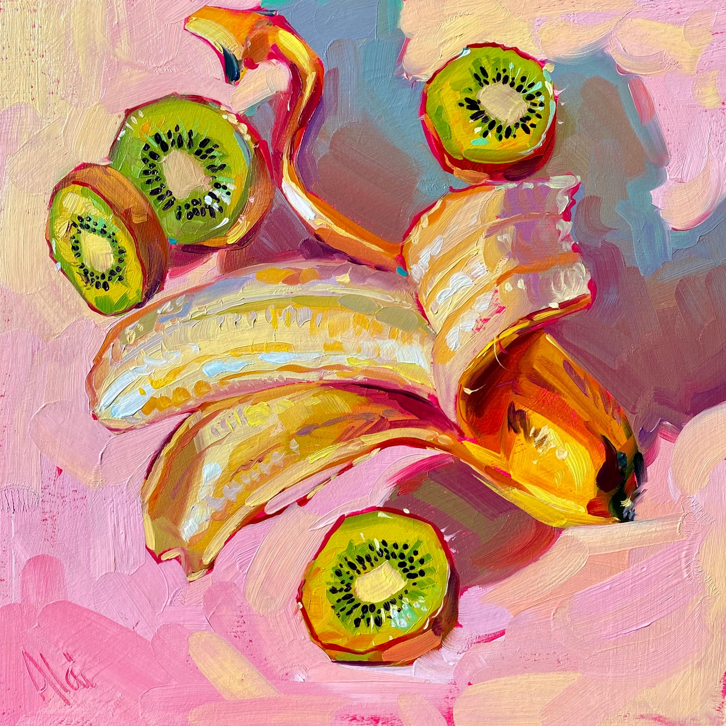 Banana and kiwis - Original Oil Painting