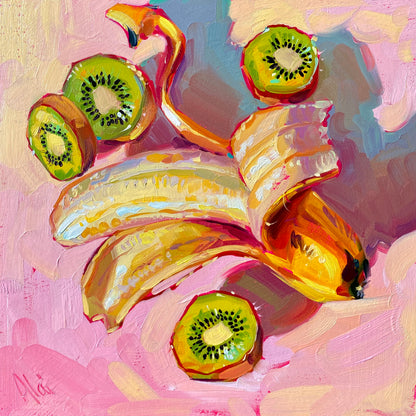 Original oil painting by Alai Ganuza titled "Banana and Kiwis". A peeled yellow banana lying diagonally surrounded by three slices of green kiwi, painted on a pink pastel background on a square wood panel.