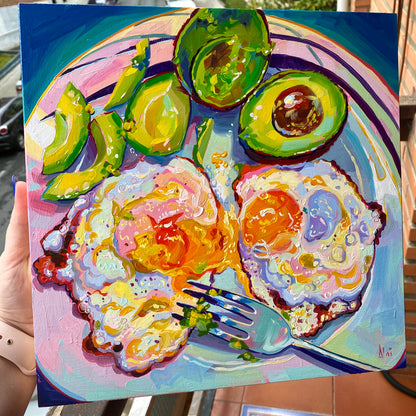 Avocado and Egg Plate - Original Oil Painting - Breakfast Wall Art - 12 inches