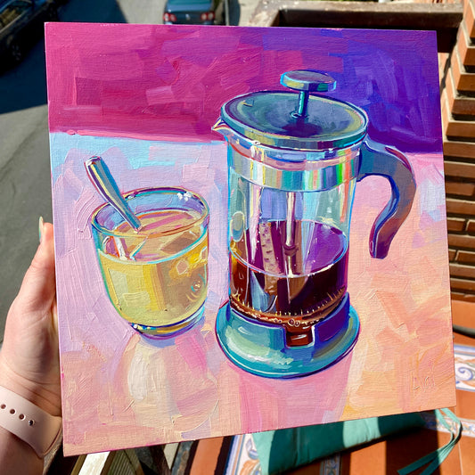 French press and coffee - Original Oil Painting