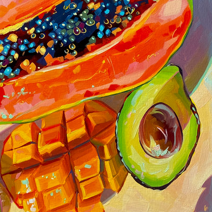 Malla tropical III - Naranja y verde - Pintura al óleo original