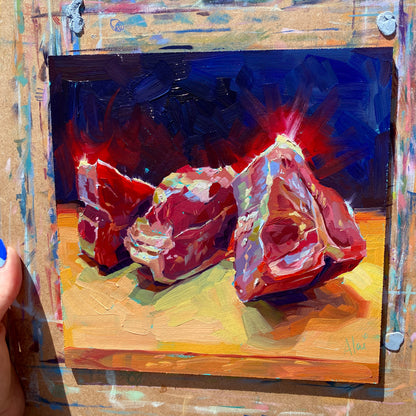 T-Bone Steak - Original Oil Painting - Raw Meat Kitchen Art - 8 inches