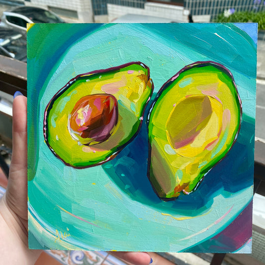 Avocados on blue plate - Original Oil Painting