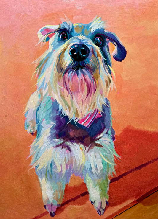 A high-contrast chromatic oil painting of Izzy the dog in a charismatic full-body pose, featuring thick impasto texture, luminous highlights, and spectral energy on a 12x16 wood panel.