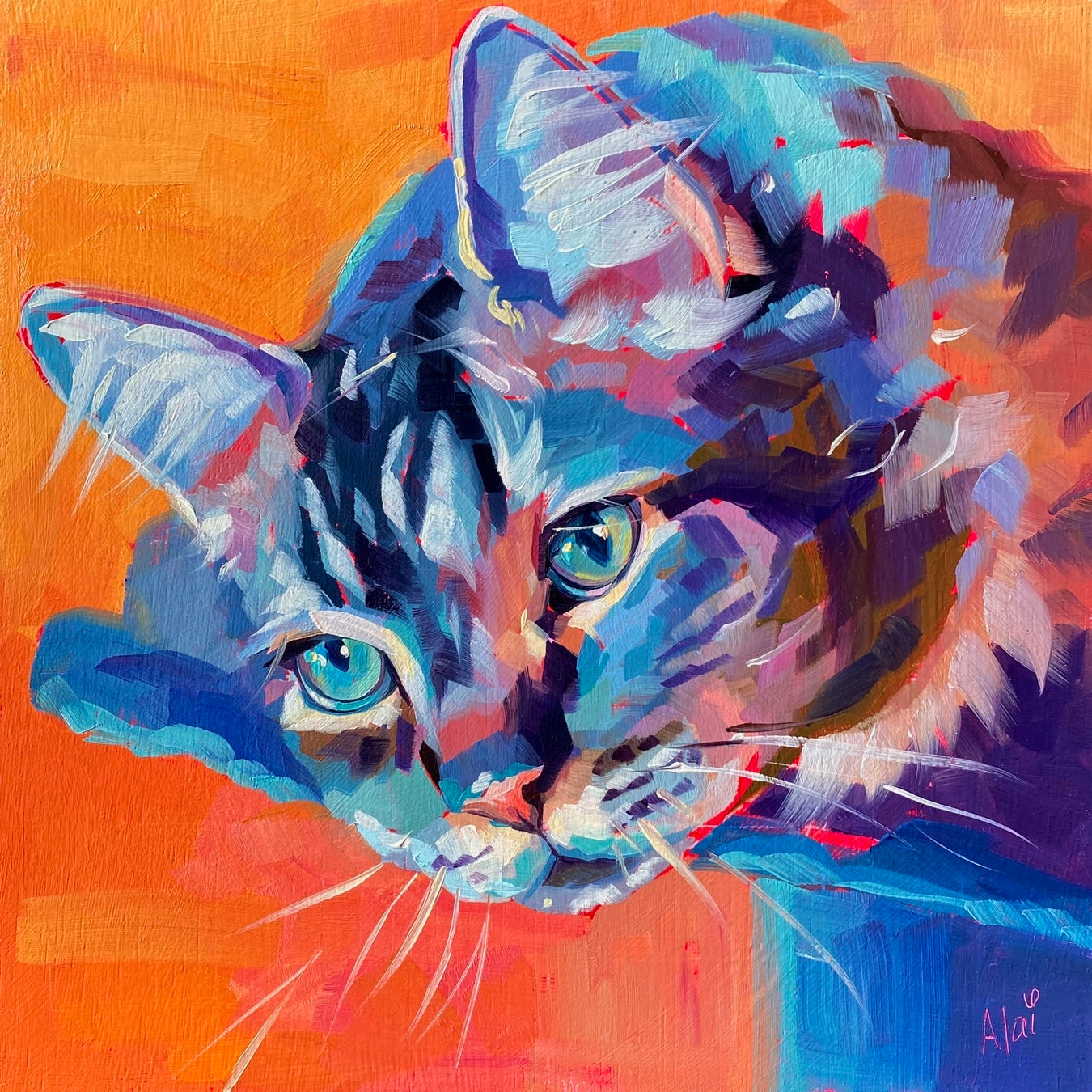 An original oil painting of a tabby cat named Jac. It features vibrant blue and teal fur highlights against a bright orange background with thick, visible brushstrokes.