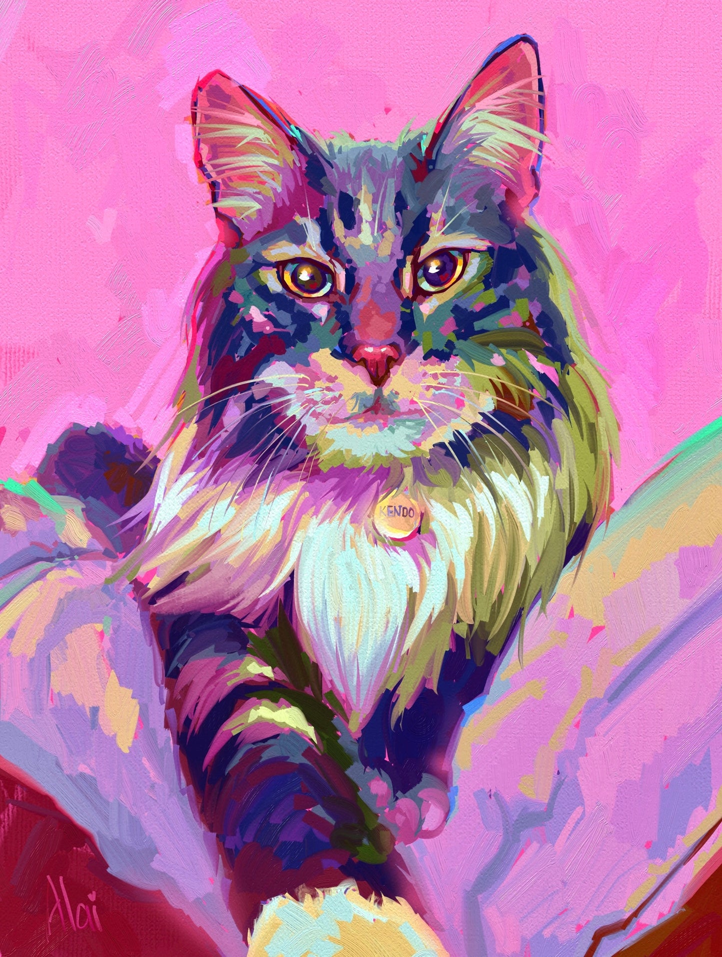 A high-contrast digital oil painting of a tricolor cat named Kendo. It features large glowing amber eyes, vibrant neon highlights in the fur, and a bright pink background.